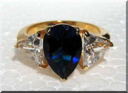 3.40CTW TRILOGY CREATED SAPPHIRE& DIAMOND PEAR & TRILLION CUT RING CLAD IN 18K WHITE GOLD SIZE 5