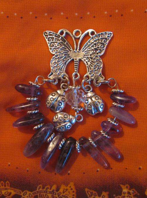 BUTTERFLY & LADYBU HAND CRAFTED GENUINE AMETHYSTS, CRYSTAL & TIBETAN SILVER PENDANT