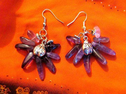 BUTTERFLY & LADYBUG HAND CRAFTED GENUINE AMETHYSTS, CRYSTAL & TIBETAN SILVER EARINGS