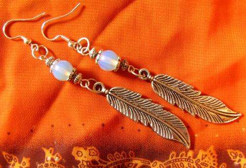 **LOVELY LARGE HAND CRAFTED OPALITE & TIBETAN SILVER FEATHER EARINGS