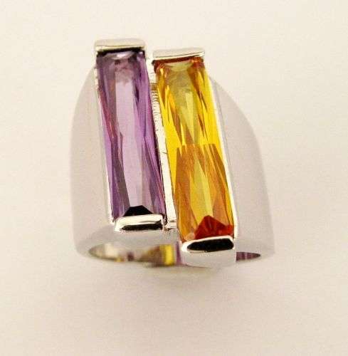 SO CONTEMPORARY!! CZ AMETHYST & CITRINE SET IN 18K GP GOLD SZ4