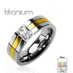 Solid Titanium Men's Wedding Ring Gold Inlay CZ Stone Size 14