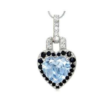 ***Natural Heart Shape Blue Topaz & Black & White Sapphires White GP 925 Sterling Silver Pendant***