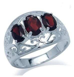 **International Shipping** 2.05ct. 3-Stone Natural Filigree Style Garnet 925 Sterling Silver Ring