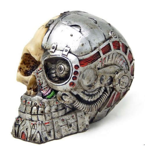 Steampunk Protruding Gearwork Robotic Human Skull Statue Figurine