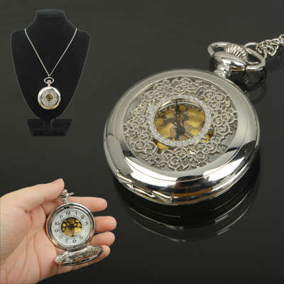 Retro Style Quartz Pocket Watch with Hanging Neck Chain with Flower Pattern