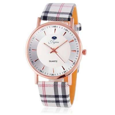 Jijia Designer Plaid Leather Band Women Quartz Watch  -  WHITE