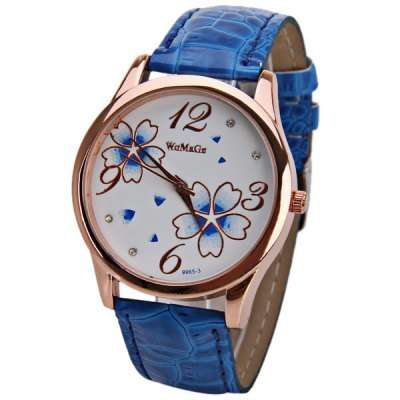 No.99653 Quartz Watch with Leather Band and Flower Patterns - BLUE
