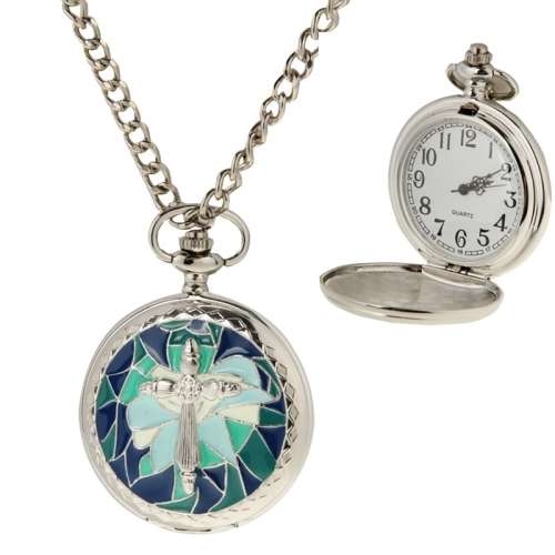 Cross Pattern Quartz Movement Silvering Pocket Watch with Hanging Chain