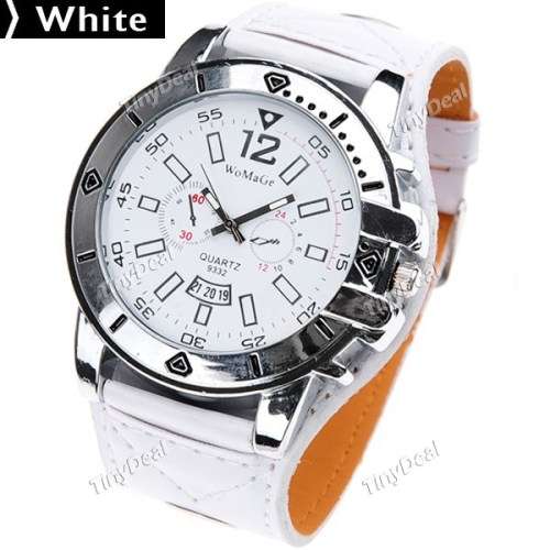 Wide Leather Band Business/Leisure Quartz Watch - WHITE