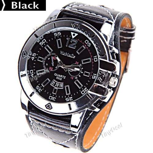 Wide Leather Band Business/Leisure Quartz Watch - BLACK