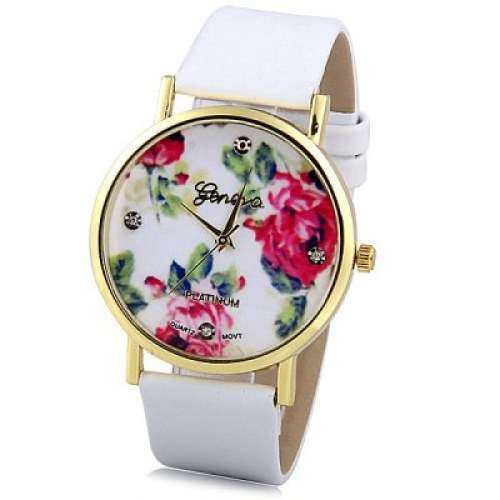 Geneva Womens Watch with Rose Round Dial and Leather Band - WHITE