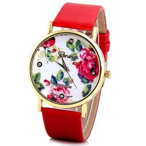 Geneva Womens Watch with Rose Round Dial and Leather Band - RED