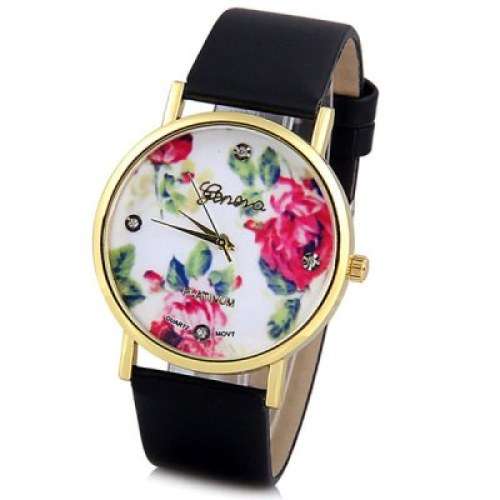 Geneva Womens Watch with Rose Round Dial and Leather Band - BLACK