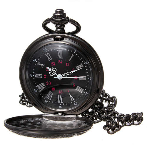 Vintage Hollow Roman Flower Alloy Black Pocket Watch