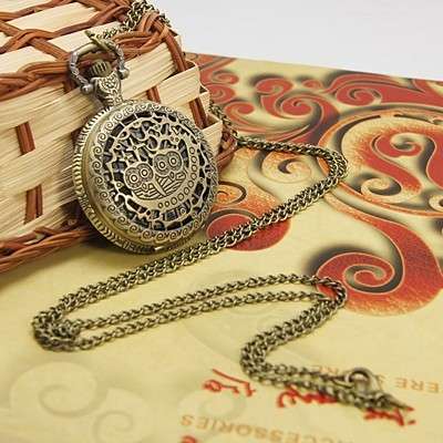Fashion Iron Pocket Watch Owl Design, with Brass Watch Head, Antique Bronze