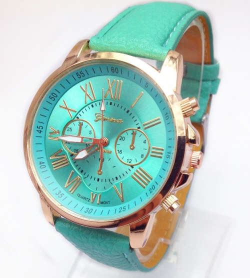 Fashion Women Geneva Quartz Watch with PU Leather Strap - LIGHT BLUE