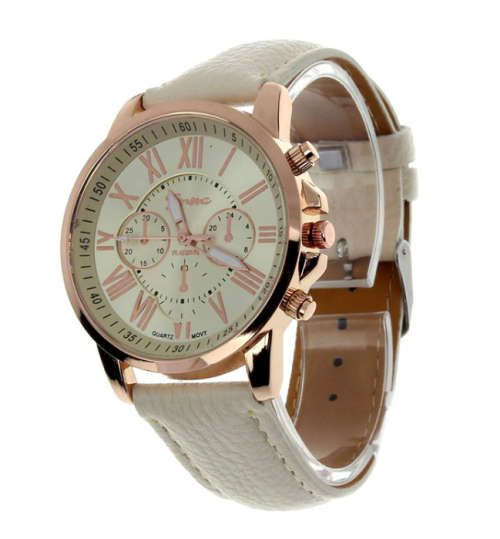 Fashion Women Geneva Quartz Watch with PU Leather Strap - WHITE