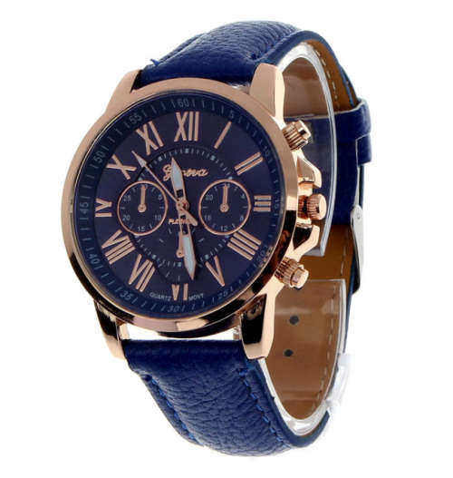 Fashion Women Geneva Quartz Watch with PU Leather Strap - DARK BLUE