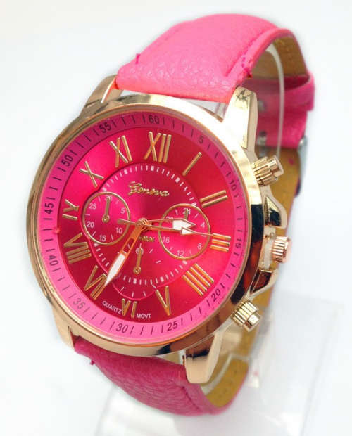 Fashion Women Geneva Quartz Watch with PU Leather Strap - HOT PINK