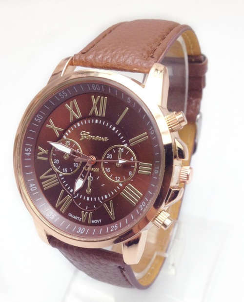 Fashion Women Geneva Quartz Watch with PU Leather Strap - BROWN