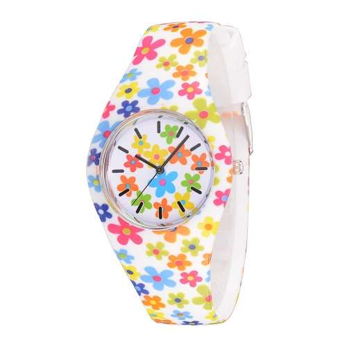 Womens Flower Printing Silicone Quartz Wristwatch