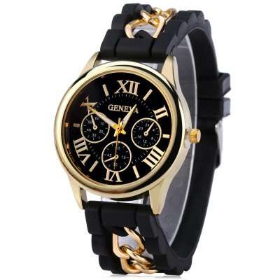 Women Roman Numerals Silicone Quartz Watch  -  BLACK
