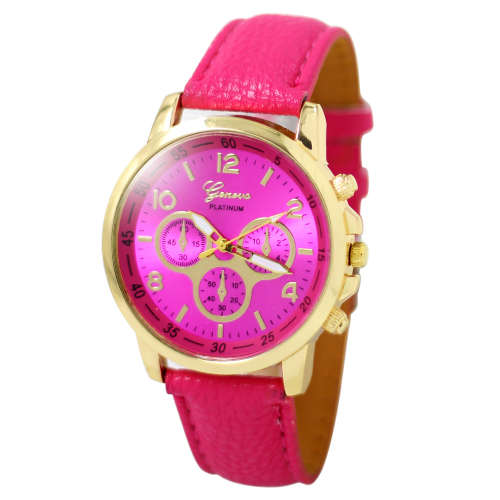 Fashion Women Geneva Quartz Watch with PU Leather Strap - HOT PINK