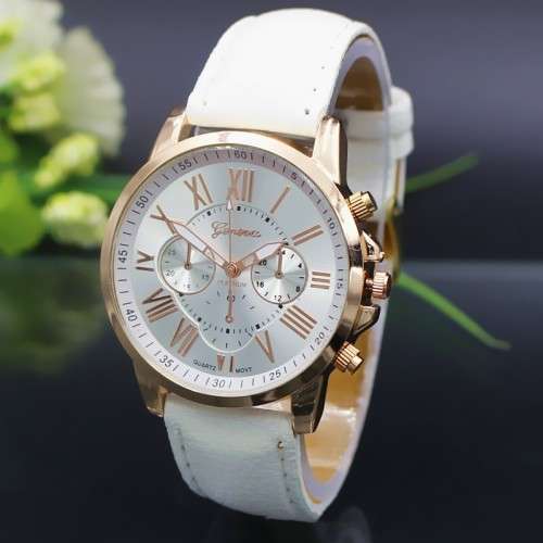 Fashion Women Geneva Quartz Watch with PU Leather Strap - WHITE