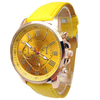 Fashion Women Geneva Quartz Watch with PU Leather Strap - YELLOW