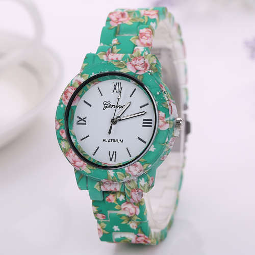 Beautiful Geneva Floral Printed Strap Watch - ROSE GREEN