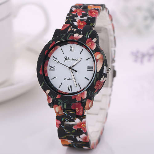 Geneva Floral Printed Strap Watch - BLACK AND RED