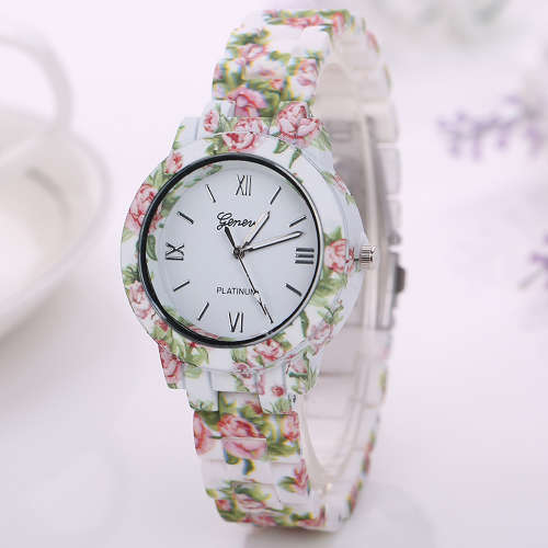 Geneva Floral Printed Strap Watch - ROSE WHITE