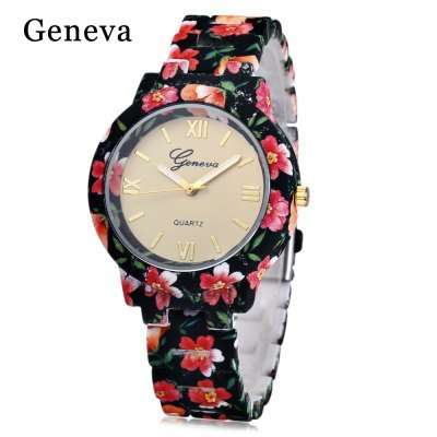 Geneva Floral Printed Strap Watch - BLACK AND RED