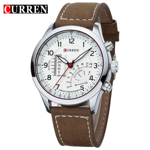 CURREN 8152 Male Quartz Watch  -  White with Dark Brown Leather Strap