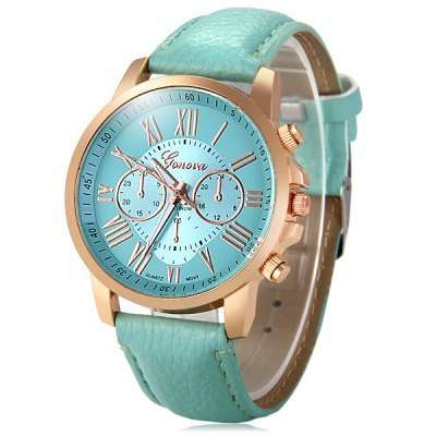 Fashion Women Geneva Quartz Watch with PU Leather Strap - LIGHT BLUE