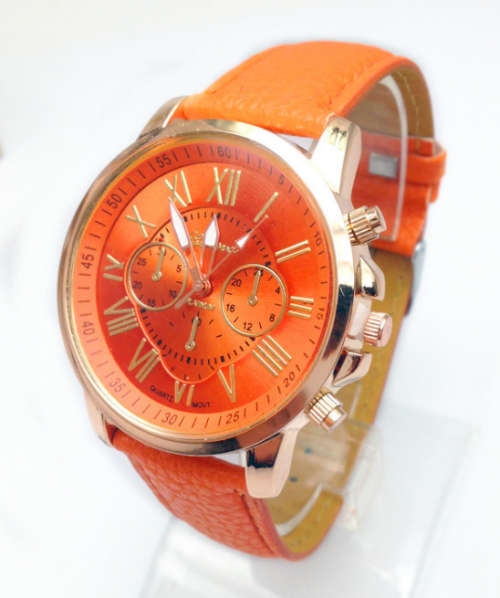 Fashion Women Geneva Quartz Watch with PU Leather Strap - ORANGE
