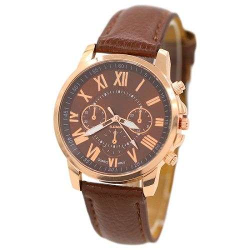 Fashion Women Geneva Quartz Watch with PU Leather Strap - BROWN
