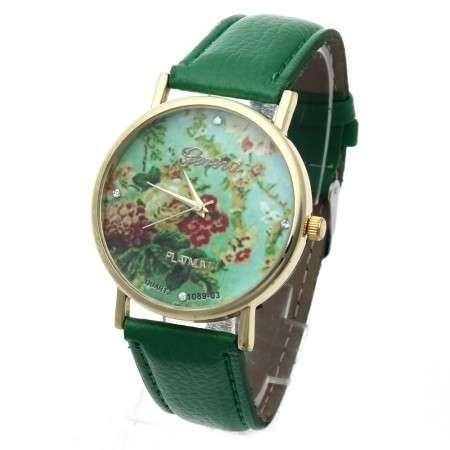 Womens Quartz Wrist Watch with Green Leather Band