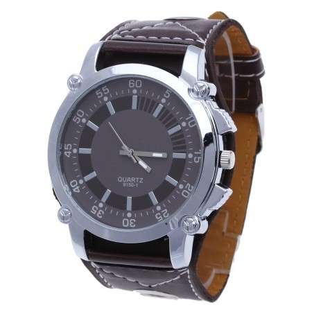 Oversized Quartz Wristwatch with Leather Band  - DARK BROWN