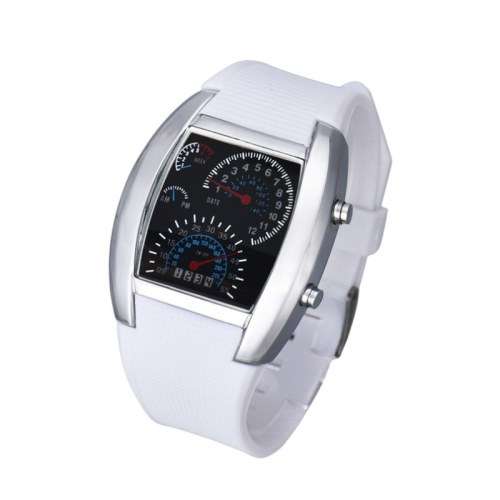 Blue LED Car Watch with Arch Dial and Silicon Watch Band  -  WHITE