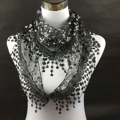 Casual Wintersweet Embroidery Tassel Triangle Scarf  -  BLACK
