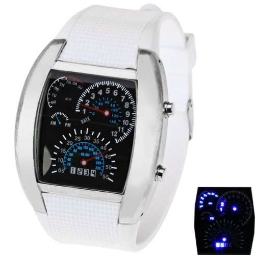 Blue LED Car Watch with Arch Dial and Silicon Watch Band  -  WHITE