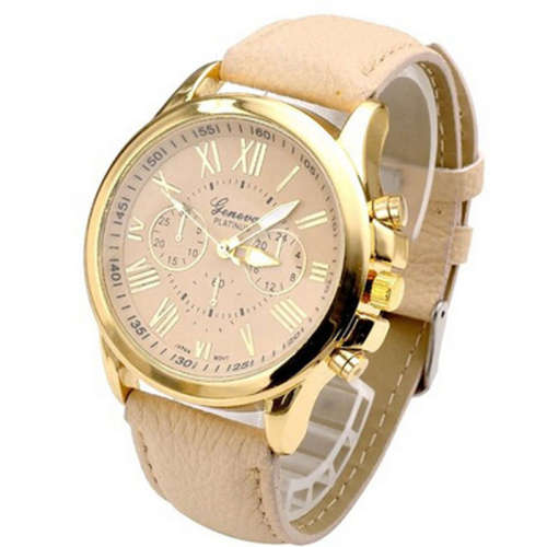 Fashion Women Geneva Quartz Watch with PU Leather Strap - BEIGE