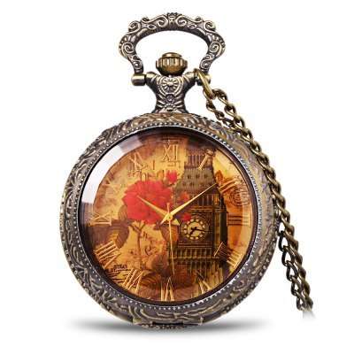 Retro Pocket Watch with Iron Tower and Peony Patterned Round Dial