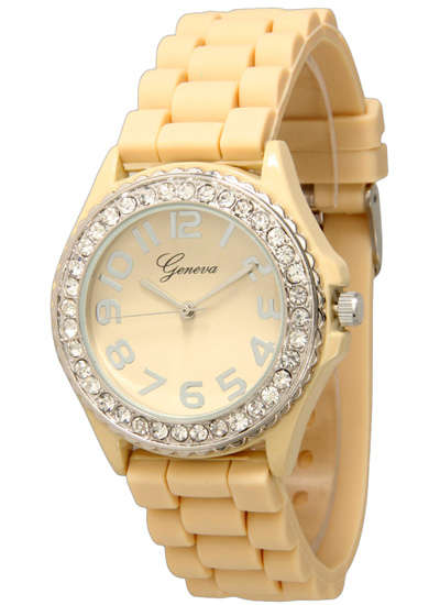 Geneva Silicone Quartz Analog Crystal Watch - LIGHT BEIGE