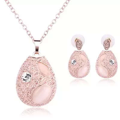 Faux Opal Rhinestone Water Drop Pendant Necklace and Earrings