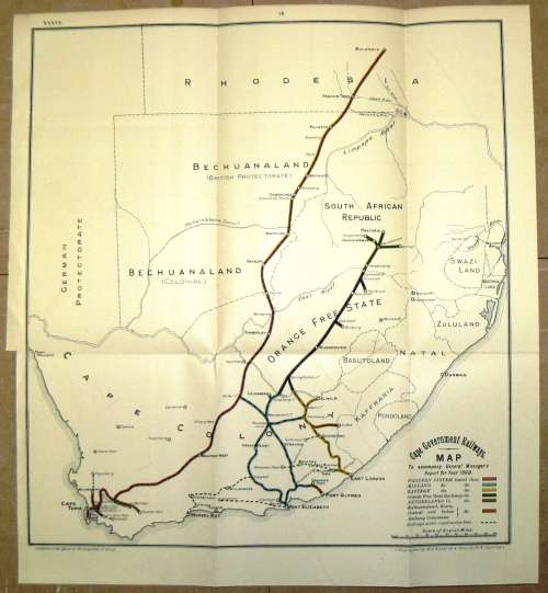 1899 Lithographed Cape Government Railways Map (from Cape Town to Rhodesia)  by WA Richards & Sons