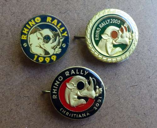 RHINO Bikers Rally 1999, 2000 & 2001 Metal Badge -- Christiana