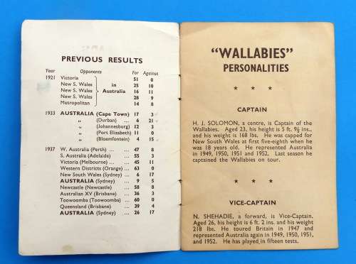 Wallabies Rugby Tour to South Africa 1953 Fixture List